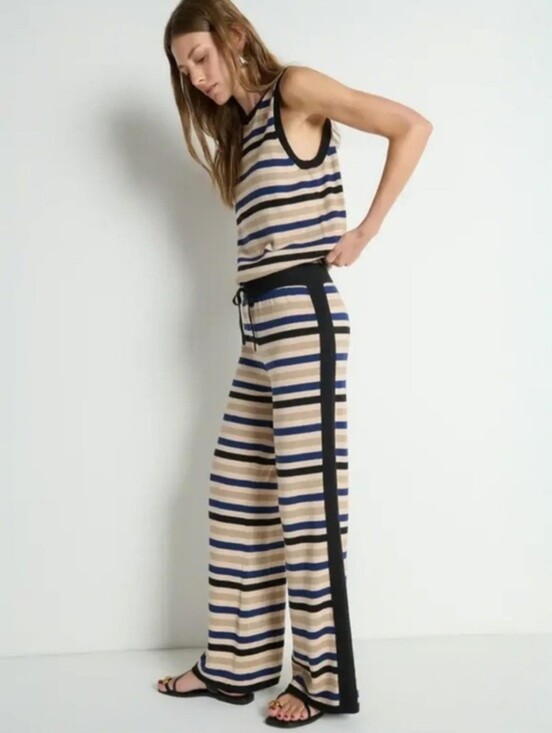 Nation LTD Pants - Nation LA Striped Wide-Leg Pants Set - Beige & Blue